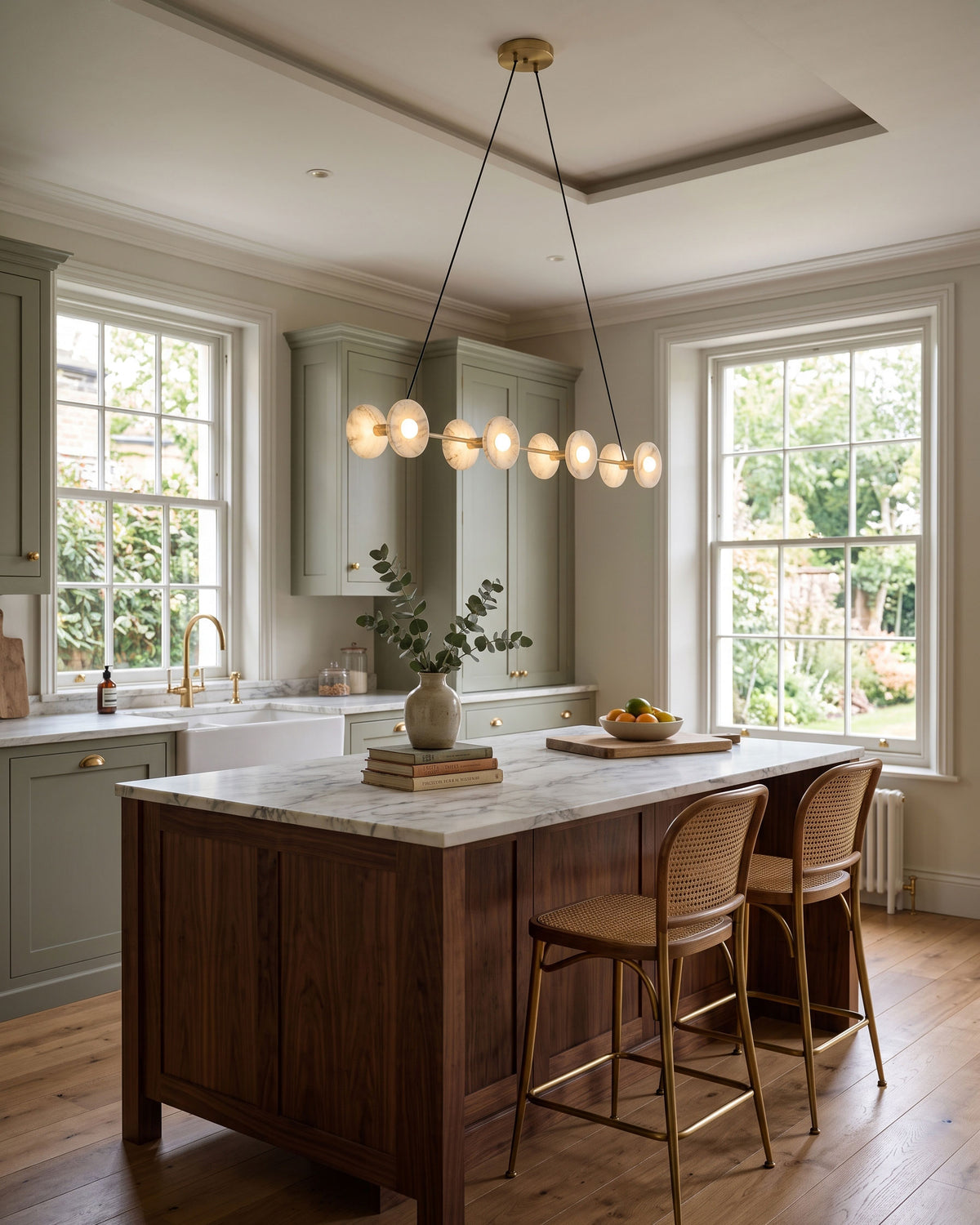 Ryland Alabaster Chandelier lit in a room setting